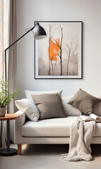 Modern Living Room Interior with White Sofa Abstract Art and Floor Lamp