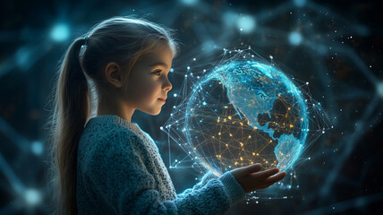Naklejka premium A young girl stands confidently, holding a globe surrounded by floating digital data and interconnected lines, emphasizing the theme of World
