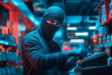 Thief in Black Balaclava Mask with Gloved Hands Engaged in Criminal Activity Inside a Store at Night, Highlighting Stealth and Danger
