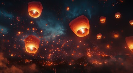 Obraz premium Festival of lights, paper sky lanterns at night, travel photography 