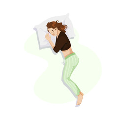 A woman sleeping on a pillow, in a cozy graphic style, on a light background. Concept of relaxation. Vector illustration