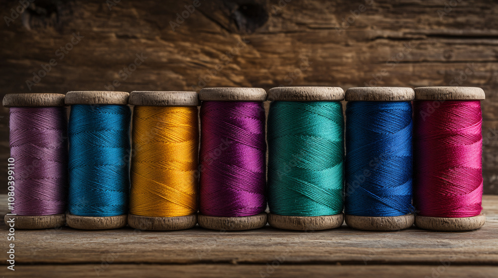 Poster row of seven vibrant thread spools stands on a rustic wooden tabletop