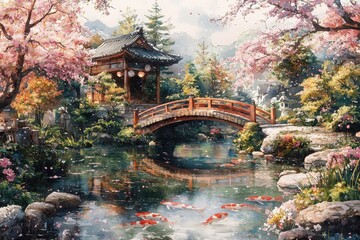 Fototapeta premium Explore the tranquility of a watercolor painting depicting a serene japanese garden with a charming stone bridge