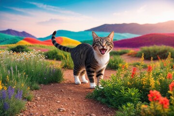 Happy Cat Discovering Vibrant Scenery on a Summer Adventure