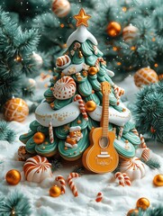 Christmas tree with candy canes and decorations, simple design, in a light green color on a white background, with a white border around the edges, decorated with a big guitar 