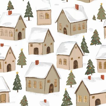 Minimalist decorative background with endless pattern - houses in the snow