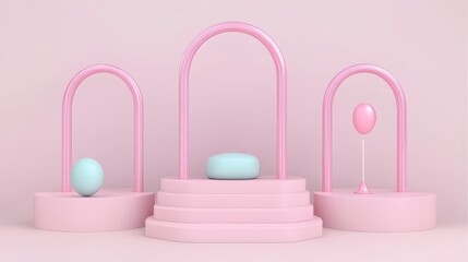 A minimalist display featuring pastel-colored geometric shapes on pedestals.