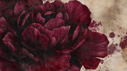 Rich burgundy peony layers highlighted against a worn textured background