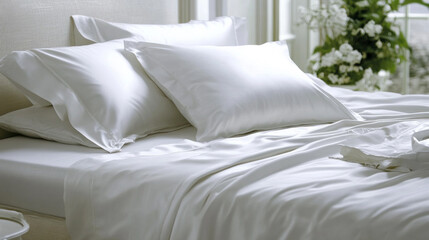 Soft white sheets and pillows on a neatly made bed in a sunlit room with greenery in the background, creating a serene atmosphere for relaxation