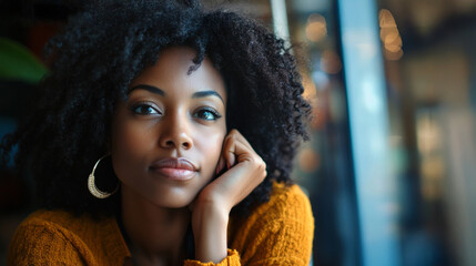 A young woman in a cozy café pauses thoughtfully, gazing into the distance while surrounded by warm lighting and a relaxed atmosphere