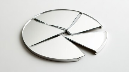 A round mirror shattered into several pieces on a white background, showcasing reflections and abstract patterns.
