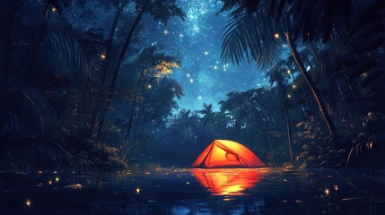 Starlit rainforest scene with glowing red tent and trees framing the stars