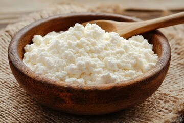 White powder in wooden bowl. Perfect for illustrating baking, cooking, or health recipes.