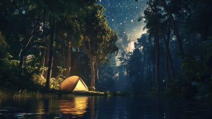 Tropical forest scene with glowing tent and starlight on river calming