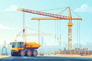 Mobile crane on the road and tower crane on the construction site