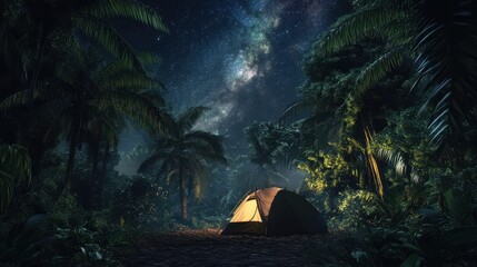 A quiet tropical campsite with a glowing tent under the majestic Milky Way