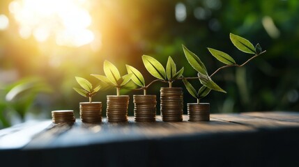 Growing plants on stacked coins, symbolizing financial growth and sustainability.