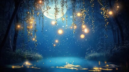 Obraz premium A mystical night forest with shimmering vines and glowing moonlit ponds