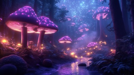 Obraz premium A forest with massive glowing mushrooms and purple rivers through fog