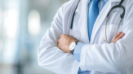 Empathetic doctor in white coat with stethoscope in a clinical setting, ready to assist patients during a medical consultation