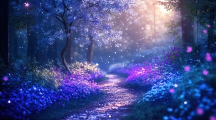 Naklejka premium Glowing glass trees and vibrant flowers form a moonlit night scene