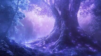 A peaceful forest glows purple and blue as mist hovers in the air