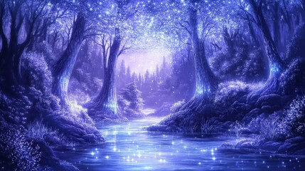 Crystal trees glow in blue and purple with a river reflecting starlight