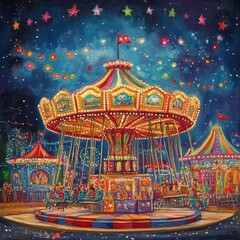 A merry go round with a flag on top. There are many people in the painting. The merry go round is surrounded by other rides