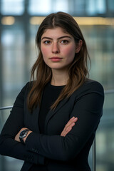 Fototapeta premium Confident businesswoman with arms crossed in a modern office, showcasing professionalism, determination, and focus, ideal for business, leadership, and diversity concepts.