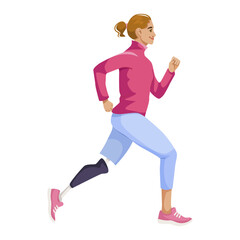 A woman running with a prosthetic leg, in a vibrant style, on a white background. Vector illustration