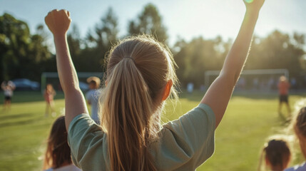 A cheering mother supports her kids during an afternoon soccer game at a local sports field