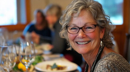 A joyful mom smiles warmly at her family during a cozy dinner gathering in a charming dining room