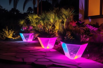Three modern, geometric planters with vibrant LED lights illuminate a pathway in a tropical garden at night.