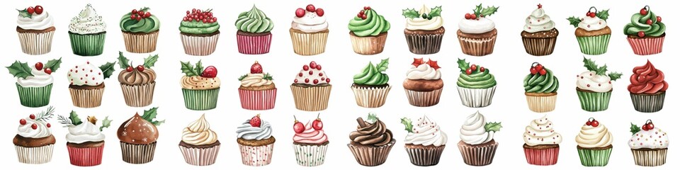 Watercolor Christmas bakery. A colorful assortment of beautifully decorated cupcakes featuring various frosting styles, toppings, and designs, perfect for any dessert lover.