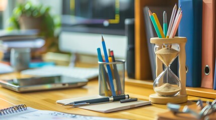 An hourglass sits on a desk with pencils and a pen, suggesting the passage of time and the importance of working efficiently.