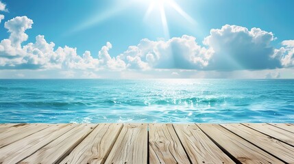 Fototapeta premium Calm sea horizon view from a weathered wooden platform, evoking tranquility