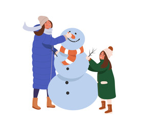 Happy child and mom making snowman outdoors. Mother with cute daughter making snowman flat cartoon vector illustration isolated on white background. Winter games, Christmas family outdoors activity. 