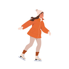Happy person woman sliding on skates. Smiling cheerful girl having fun on ice rink on winter holidays. Wintertime leisure outdoor activity. Flat cartoon vector illustration isolated on white