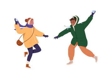 Snowball fight. Young people boy and girl playing snowballs fight. Female and male characters having fun with snow, winter games. Winter leisure outdoors activity cartoon flat vector illustration. 