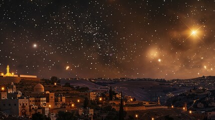 Naklejka premium A nighty city with a starry sky above background