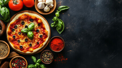 Delicious homemade pizza surrounded by fresh ingredients ready for cooking, showcasing vibrant flavors in a rustic kitchen setup