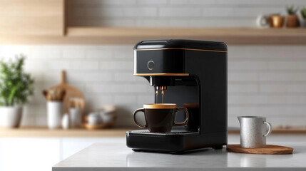 A sleek coffee maker brewing fresh coffee in a modern kitchen setting with wooden shelves and ceramic cups, adding warmth to the morning routine