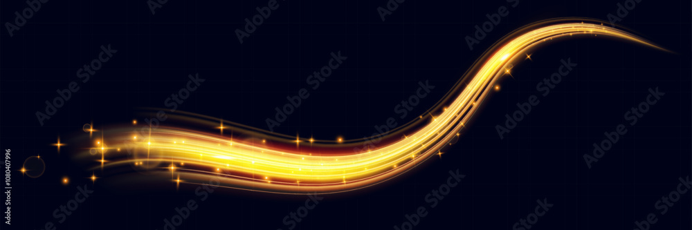 Poster a vibrant, glowing light trail or streak in a golden yellow hue with sparkling highlights on a dark 