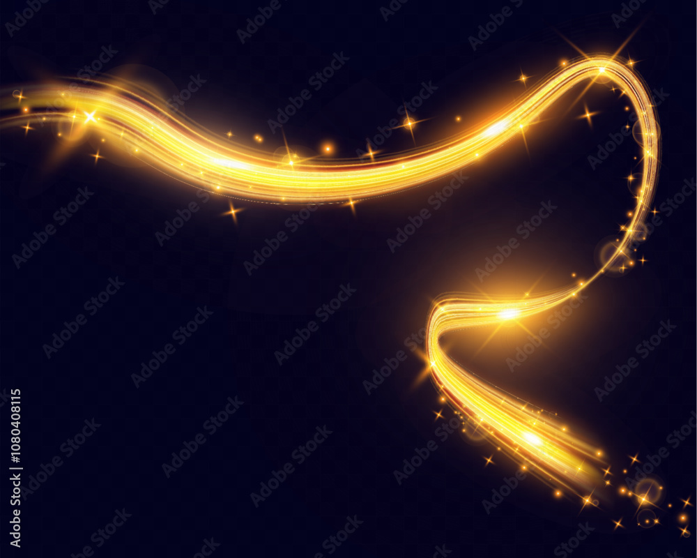 Poster a vibrant, glowing light trail or streak in a golden yellow hue with sparkling highlights on a dark 