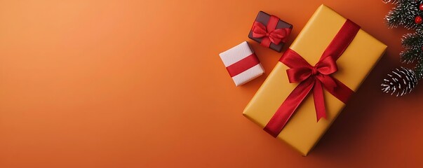 Christmas sale exclusive concept. A vibrant orange background features a beautifully wrapped yellow gift box with a red ribbon, accompanied by two smaller presents.