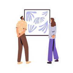 Visitors of contemporary art gallery looking at abstract painting back view. People stand, enjoy of picture on trendy exposition. Exhibition in museum. Flat isolated vector illustration on white