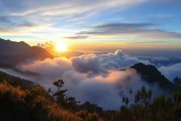 Sunrise Over Clouds in Mountain Landscape