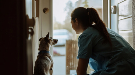 Worker saying goodbye to a dog before departing from a home in the late afternoon