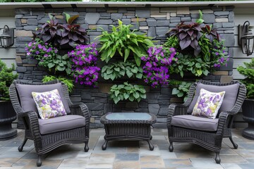Two wicker chairs with floral pillows face a stone wall with hanging potted plants.