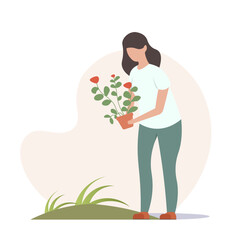 A woman holding a potted plant amidst green grass and a soft background. Vector illustration